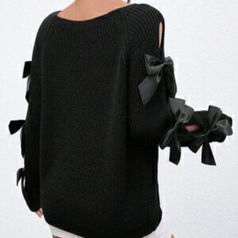 Black Preppy Womens Bow Detail Cut Out Raglan Sleeve Sweater - Picture 2 of 3